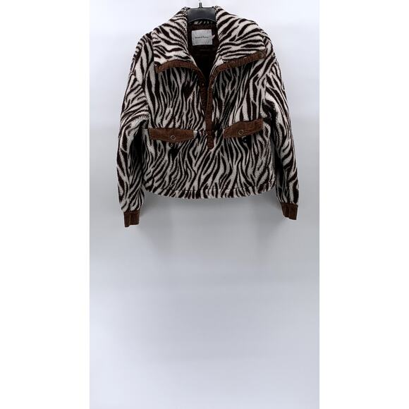 HOUSE OF SUNNY Women’s Brown-Cream Zebra Print Half-Button Teddy Sweater SZ 4 - Picture 1 of 10